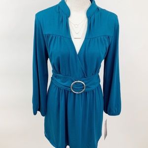 Faux Wrap Style w/Deep V-Neck Blouse, Tunic Length